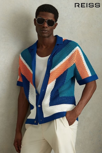 Reiss Bright Multi Panko Cotton Blend Crochet Cuban Collar Shirt (990415) | £158