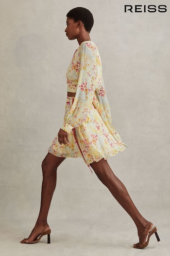 Reiss Pink/Yellow Lyla Floral Print Tie Waist Mini Skirt (990423) | £138