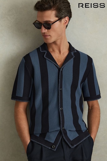 Reiss Navy/Blue Naxos Knitted Cuban Collar Shirt (990536) | £138