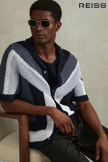 Reiss Navy Multi Panko Cotton Blend Crochet Cuban Collar Shirt (990620) | £158