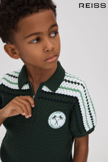 Reiss Dark Green Stark Senior Textured Cotton Half-Zip Polo office-accessories Shirt (990651) | £46