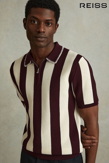 Reiss White/Bordeaux Paros Knitted Half-Zip stripe Polo Shirt (990885) | £128