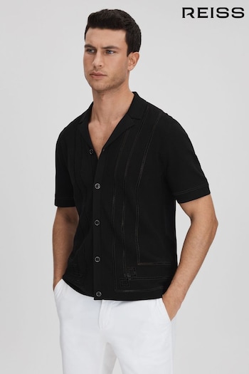 Reiss Black Heartwood Embroidered Cuban Collar Shirt (990970) | £148