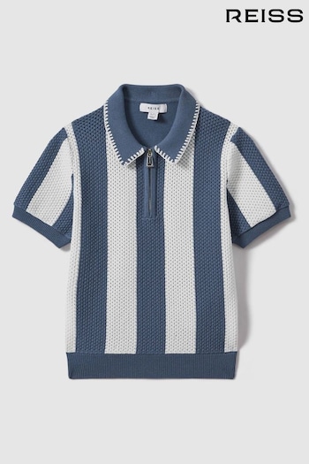 Reiss Airforce Blue/Ecru Paros Knitted Striped Half Zip Polo Shirt (991085) | £52