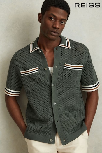 Reiss Dark Sage Green Coulson Cotton Blend Crochet Shirt (991104) | £138