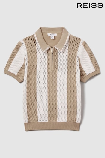 Reiss Brown Paros Knitted Striped Half Zip Polo Shirt (991238) | £52