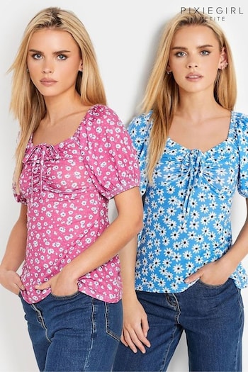 PixieGirl Petite Pink Ruched Front Short Sleeve T-Shirts Dinosauriermuster 2 Pack (991280) | £39