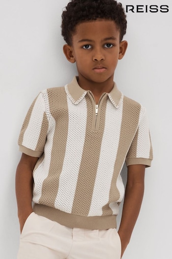 Reiss Brown Paros Knitted Striped Half Zip ribetes Polo Shirt (991433) | £48