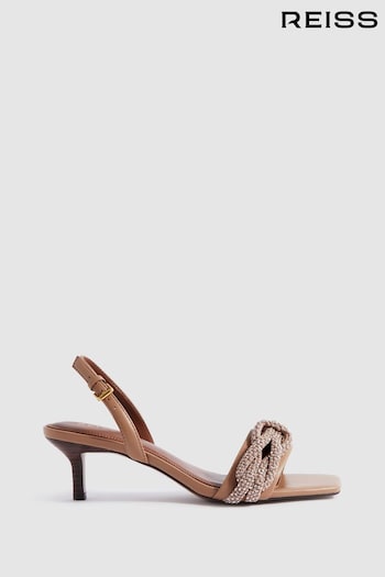 Reiss Tan Alicia Leather Embellished Knot Kitten Heels (991447) | £158