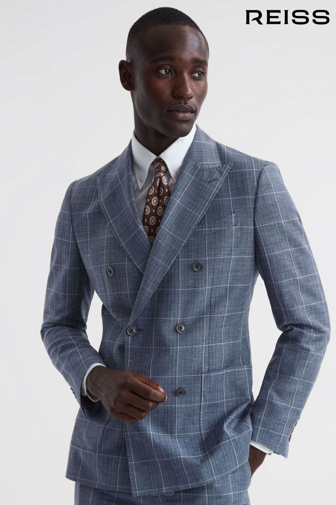 Reiss Indigo Aintree Slim Fit Wool Linen Check Double Breasted Blazer (991623) | £398
