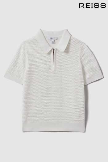 Reiss Optic White Burnham Textured Half-Zip Polo T-Shirt (991839) | £44