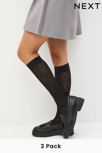 Black Check Patterned Knee High Sheer Socks 3 Pack (991999) | £12