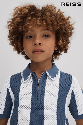 Reiss Blue Paros Knitted Striped Half Zip Polo Shirt (992006) | £48