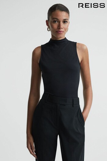 Reiss Black Bianca Fitted Ruched High-Neck Top (992284) | £48