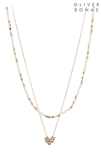 Oliver Bonas Gold Tone Kaia Bead & Faux Pearl Chain Double Row Necklace (992726) | £24