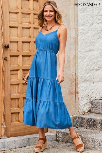 Sosandar Blue Midi Tiered Tencel Dress (993733) | £75