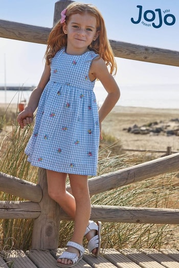 JoJo Maman Bébé Blue Gingham Floral Embroidered Dress (993747) | £25