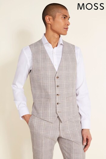 MOSS Tailored-Fit Natural Taupe Check Linen Waistcoat (993792) | £80