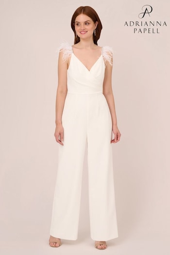 Adrianna Papell Bead Feather Crepe White Jumpsuit (994007) | £249