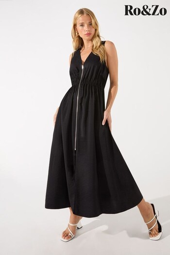 Ro&Zo - Zip Front Sleeveless Black Midi Dress (994582) | £89