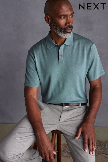 Sage Green Knitted Premium Merino Wool Regular Fit Polo Shirt (995062) | £40