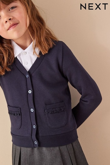 Navy Blue Cotton Rich Frill Pocket Jersey School Cardigan (3-16yrs) (995231) | £9 - £14