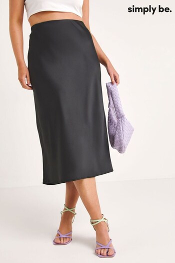Simply Be Black Elasticated Waist Premium Satin Midi Skirt (995282) | £28