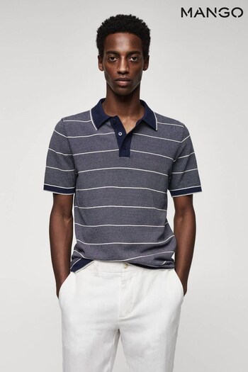 Mango Blue Striped Knit Cotton Polo Shirt (995542) | £36