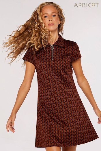 Apricot Rusty Brown Retro Leaves Zip Collar Dress (995576) | £30