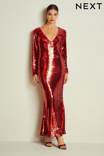Red Long Sleeve Plunge Neck Sequin Maxi Dress (995674) | £99