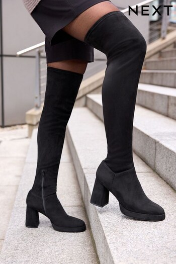 Black Forever Comfort® Platform Sock Over The Knee Boots (995807) | £69