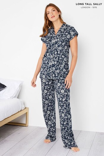 Long Tall Sally Blue Stencil Floral Collar Short Sleeve Pyjama Set (996397) | £39