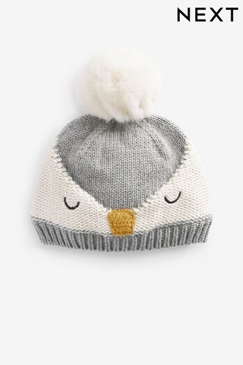 Grey Knitted Penguin Baby Beanie Pom Hat (0mths-2yrs) (996655) | £8
