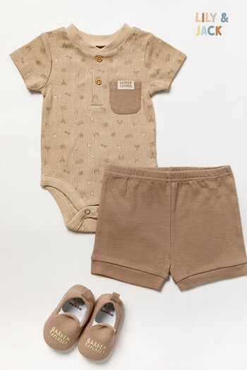 Lily & Jack Natural Ribbed Printed Bodysuit/Ribbed Shorts and Shoes Outfit Set (996695) | £24