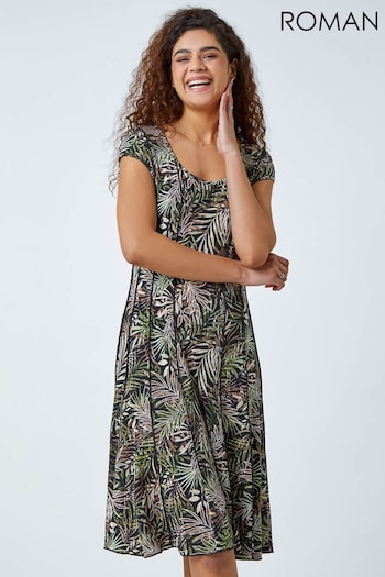 Roman Green Leaf Print Panel Stretch Dress (996855) | £42