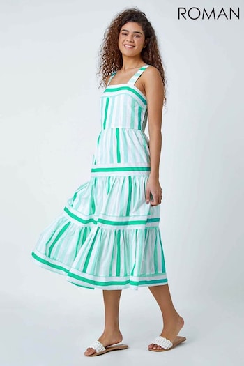 Roman Green Cotton Stripe Print Tiered Maxi Dress (997055) | £45
