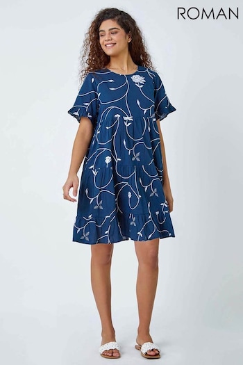 Roman Blue Cotton Embroidered Tiered Smock Dress (997272) | £40