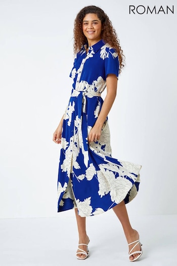 Roman Blue Contrast Floral Print Shirt Dress (997833) | £42