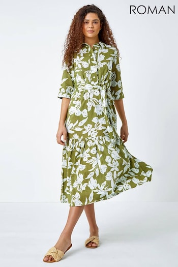 Roman Green Leaf Frill Hem Button Denton Shirt Dress (997859) | £42