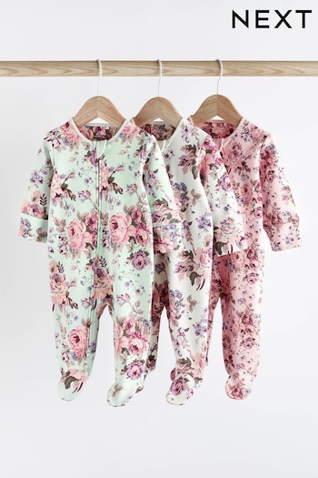 Floral Baby Two Way Zip Sleespuits 3 Pack (0-2yrs) (998159) | £19 - £21