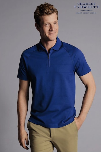 Charles Tyrwhitt Blue Popcorn Textured Stripe Tyrwhitt Cool Zip Neck Polo Shirt (998322) | £65