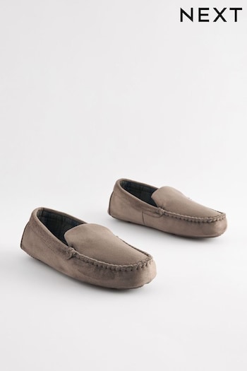 Taupe Brown Check Lined Moccasin Slippers (998516) | £26