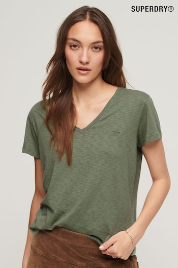 Superdry Olive Green Slub Embroidered V-Neck T-Shirt (998670) | £20