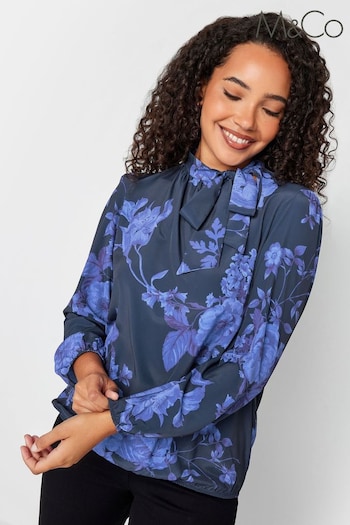 M&Co Blue Bow Neck Bubble Hem Blouse (999175) | £33