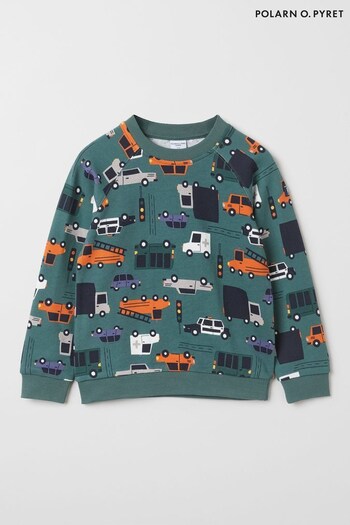 Polarn O Pyret Green Organic Car Print Sweatshirt (9F8460) | £28