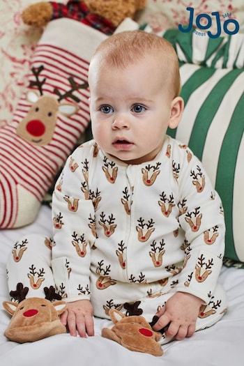 JoJo Maman Bébé Cream Reindeer Heads Print Zip Sleepsuit (9FQ070) | £7