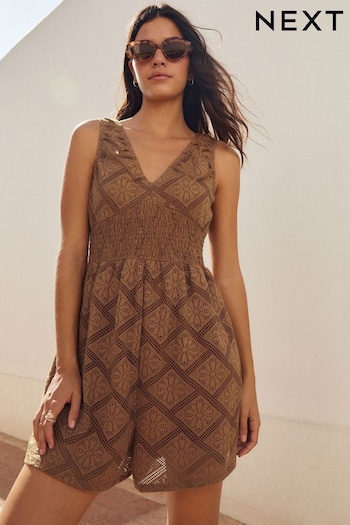 Chocolate Brown V-Neck Crochet Playsuit (9Y3455) | £35