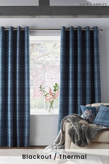 Laura Ashley Dark Seaspray Blue Alfriston Check Blackout/Thermal Blackout Lined  Eyelet Curtains (A03813) | £100 - £190