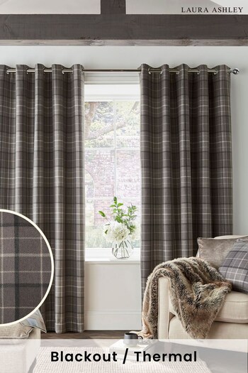 Laura Ashley Pale Charcoal Grey Alfriston Check Blackout Lined Blackout/Thermal Eyelet Curtains (A03814) | £100 - £190
