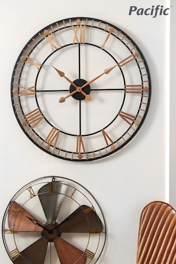 Pacific Black Gold Metal & Natural Wood Round Wall Clock (A06890) | £100